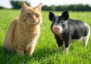 Orange katt och svar gris på grön gräsmatta