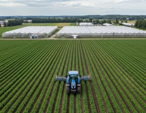 Åker med traktor och vita växthus i bakgrunden