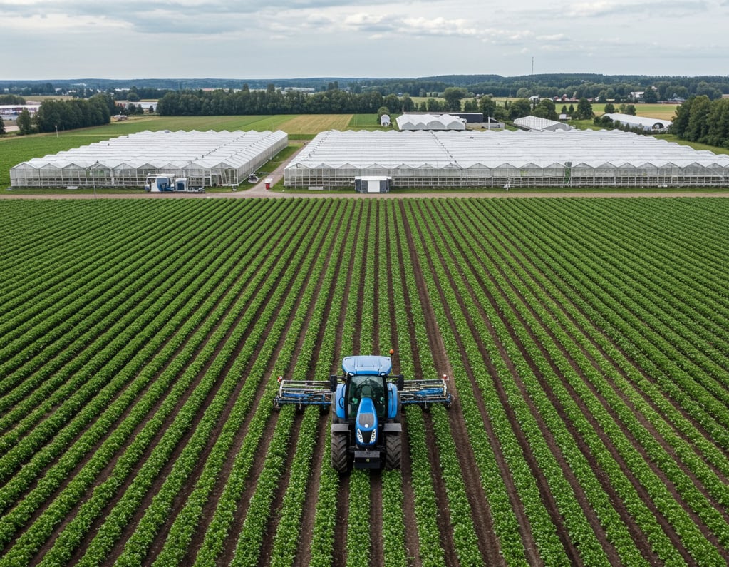 Åker med traktor och vita växthus i bakgrunden
